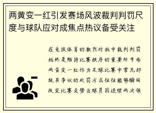 两黄变一红引发赛场风波裁判判罚尺度与球队应对成焦点热议备受关注